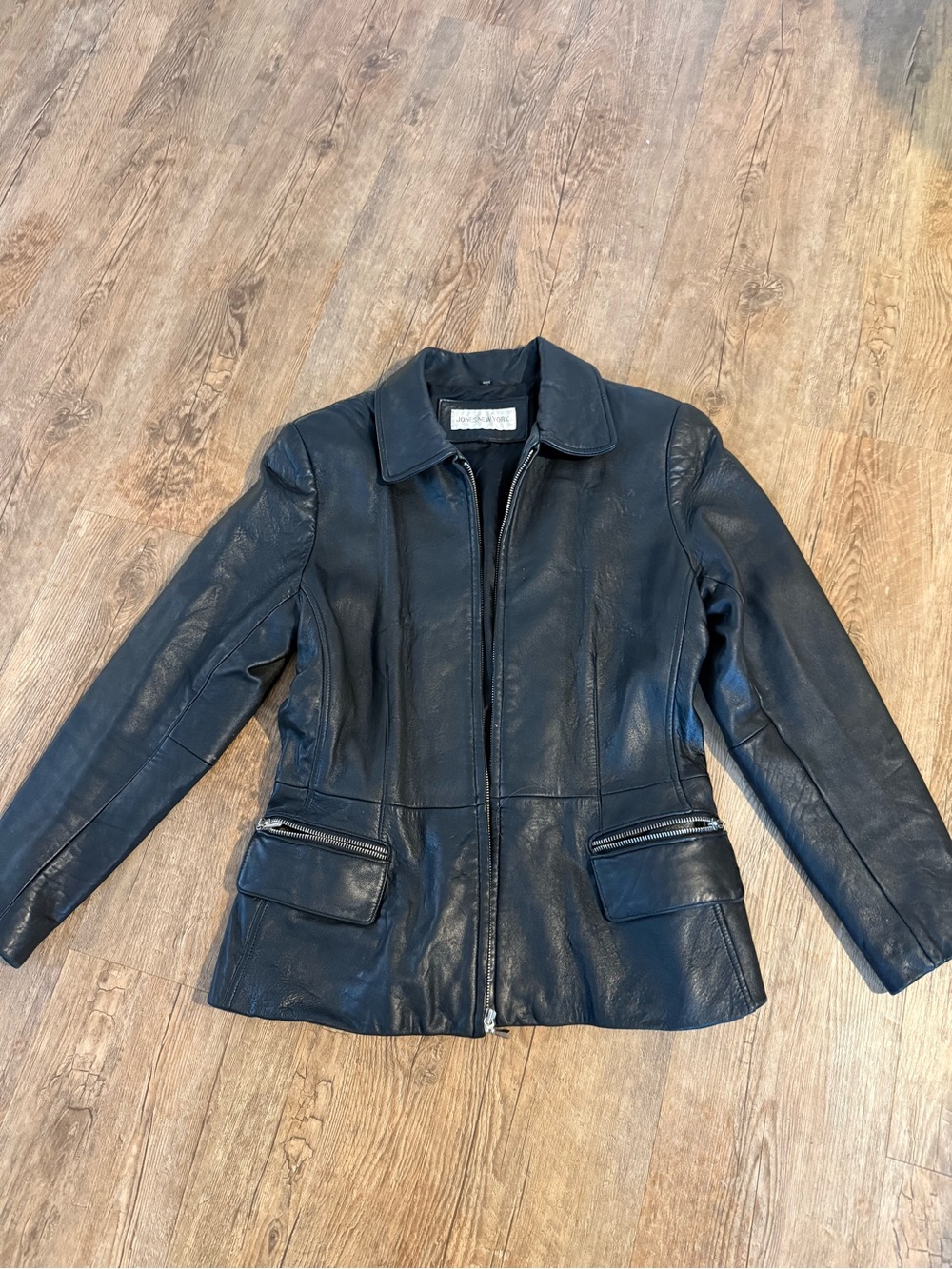 Jones New York Black Leather Zip-Front Jacket